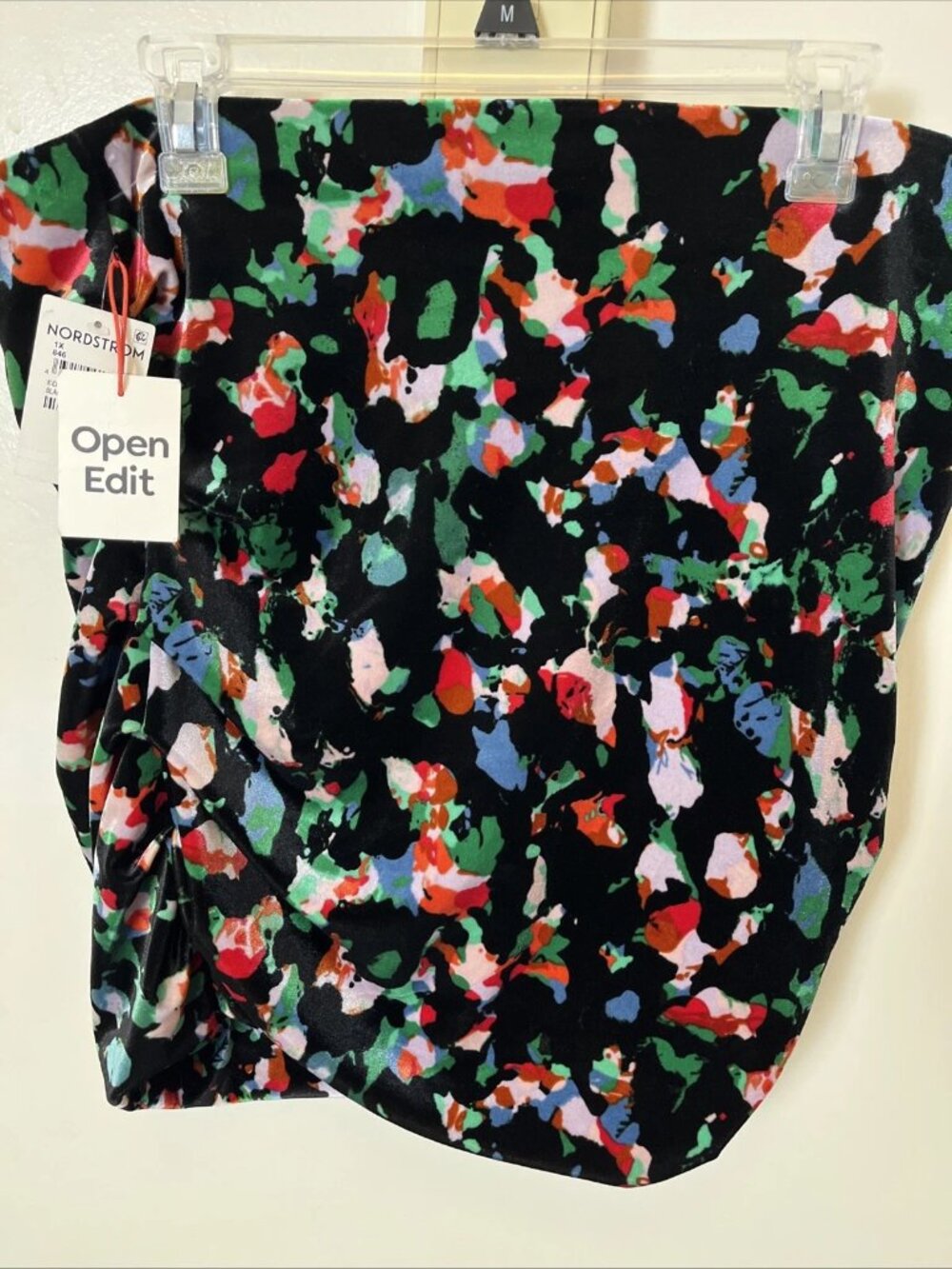 Open Edit Plus 1X Velvet Ruched Mini Skirt Black Multicolor Abstract NWT